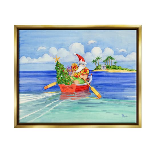Stupell Industries Santa's Delivery Tropical Christmas Boat Gold Framed Floater Canvas Wall Art